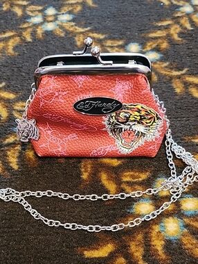 Ed Hardy Coral Tiger Kiss-Lock Wristlet with Silver Chain